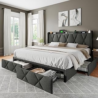 King Bed Frame with 4 Storage Drawers, Upholstered Button Tufted Storage Headboard with Fast Charging Station, Heavy Duty Slats Support, No Box Spring Needed, Noise-Free, Dark Grey