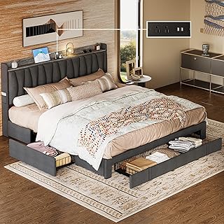 King Size Bed Frame with Storage Headboard and Charging Station, Upholstered Platform Bed with 3 Drawers, No Box Spring Needed, Easy Assembly, Grey