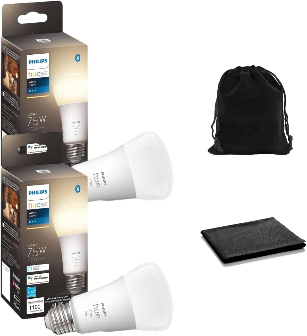 Smart 75W A19 LED Bulb - Soft Warm White Light - 2 Pack - 1100LM - E26 - Indoor - Control with Hue App - Works with Alexa, Google Assistant and Apple Homekit