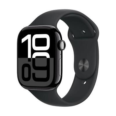 Apple Watch Series 10 [GPS 46mm case] Smartwatch with Jet Black Aluminium Case with Black Sport Band - M/L. Fitness Tracker, ECG App, Always-On Retina Display, Water Resistant