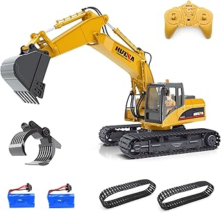 DOUBLE E Volvo RC Excavator 17 Channel 3 in 1 Construction Toys, 17 Channel Remote Control Vehicles Tractor Sandbox Toys Digger with Metal Shovel Drill Grab RC Truck for Kids Adults