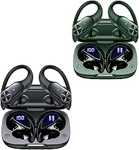 2 Sets Bluetooth Headphones Wireless Earbuds 80hrs Playtime Wireless Charging Case Sports Ear buds with Earhook Premium Deep Bass IPX7 Waterproof Over-Ear Earphones for TV Phone Laptop Black and Olive