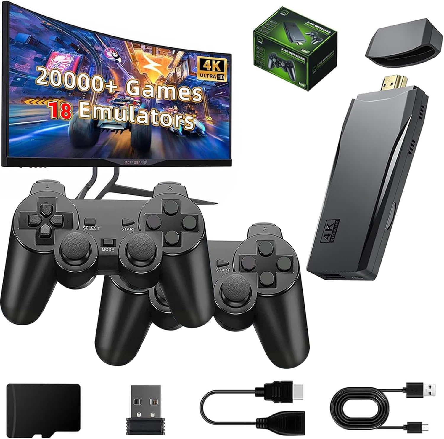 2025 New Retro Game Console Stick, Nostalgia Gaming Stick, Classic Video Game Console with 20000+ Games and 18 Emulators, 4K HDMI Output, Dual 2.4G Wireless Controllers (64GB)