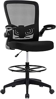 Drafting Chair Tall Office Chair Adjustable Height with Lumbar Support Flip Up Arms Footrest Mid Back Task Mesh Desk Chair Computer Chair Drafting Stool for Standing Desk, Black