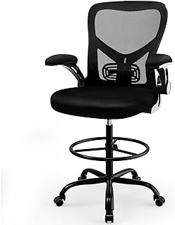 dreamlify Drafting Chair,Tall Standing Desk Chair Comfortable Office Chair with Foot Ring Flip-up Padded Arms Height Adjustable Computer Task Chair Ergonomic Mesh Mid-Back Desk Chair,Black