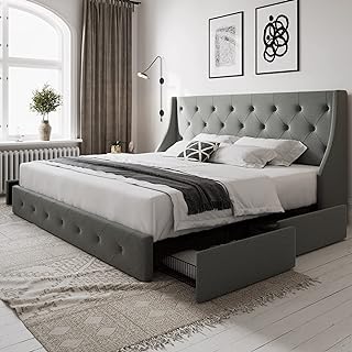 King Size Bed Frame with 4 Storage Drawers and Wingback Headboard, Button Tufted Design, No Box Spring Needed, Light Grey