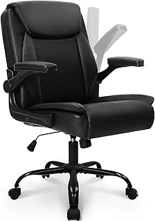 Office Desk Chair Executive Computer Ergonomic PU Leather Mid-Back Gaming Chair with Wheels Adjustable Flip-up Armrest Swivel for Home, Bedroom, Study (Jet Black)