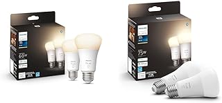 Philips Hue Smart 60W A19 LED Bulb - Soft Warm White Light - 2 Pack - 800LM - E26 - Indoor - Control & Smart 75W A19 LED Bulb - Soft Warm White Light - 2 Pack - 1100LM - E26 - Indoor