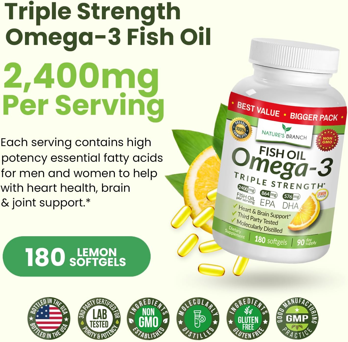 Best Triple Strength Omega 3 Fish Oil Pills - 180 Capsules