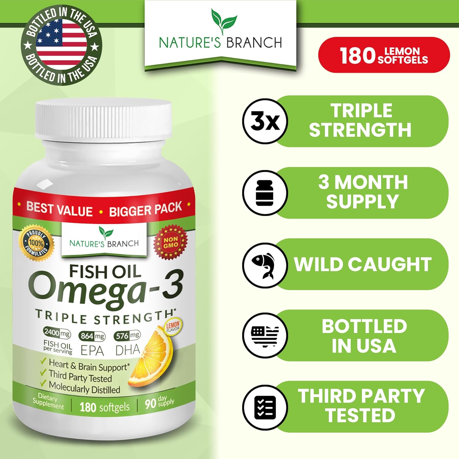 Best Triple Strength Omega 3 Fish Oil Pills - 180 Capsules