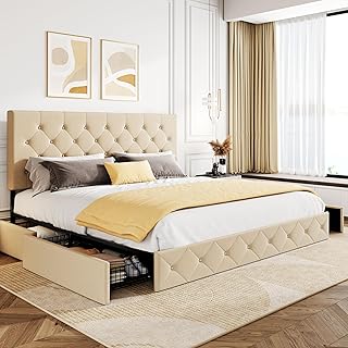 Upholstered King Size Platform Storage Bed Frame with 4 Drawers, Adjustable Headboard with Diamond Button Tufted Design, Wooden Slat Support, No Box Spring Needed, Beige