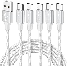 White USB C Cable 5-Pack (3ft/3ft/6ft/6ft/10ft), USB A to USB C Charger Cable Fast Charging Cord Braided for iPhone 15 Pro Max Plus, for Samsung Galaxy S20 S10 Note 10 9, Pixel, Moto, LG