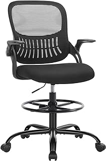 Drafting Chair for Standing Desk, Counter Height Adjustable, Flip-up Arms, Ergonomic Mid Back Mesh Rolling Work Swivel Office Computer Chairs with Wheels, Black