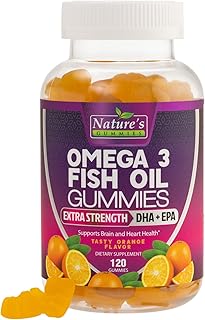 Omega 3 Fish Oil Gummies, Extra Strength Omega Fish Oil Supplement, High Absorption for Joint, Heart & Brain Support, Nature\'s Heart Healthy Omega 3s DHA EPA Gummy Vitamin, Orange Flavor - 120 Gummies