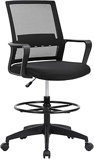Drafting Chair Tall Office Chair Adjustable Swivel Rolling Mesh Height with Lumbar Support Arms Footrest Mid Back for Adults Standing Desk Drafting Stool(Black)