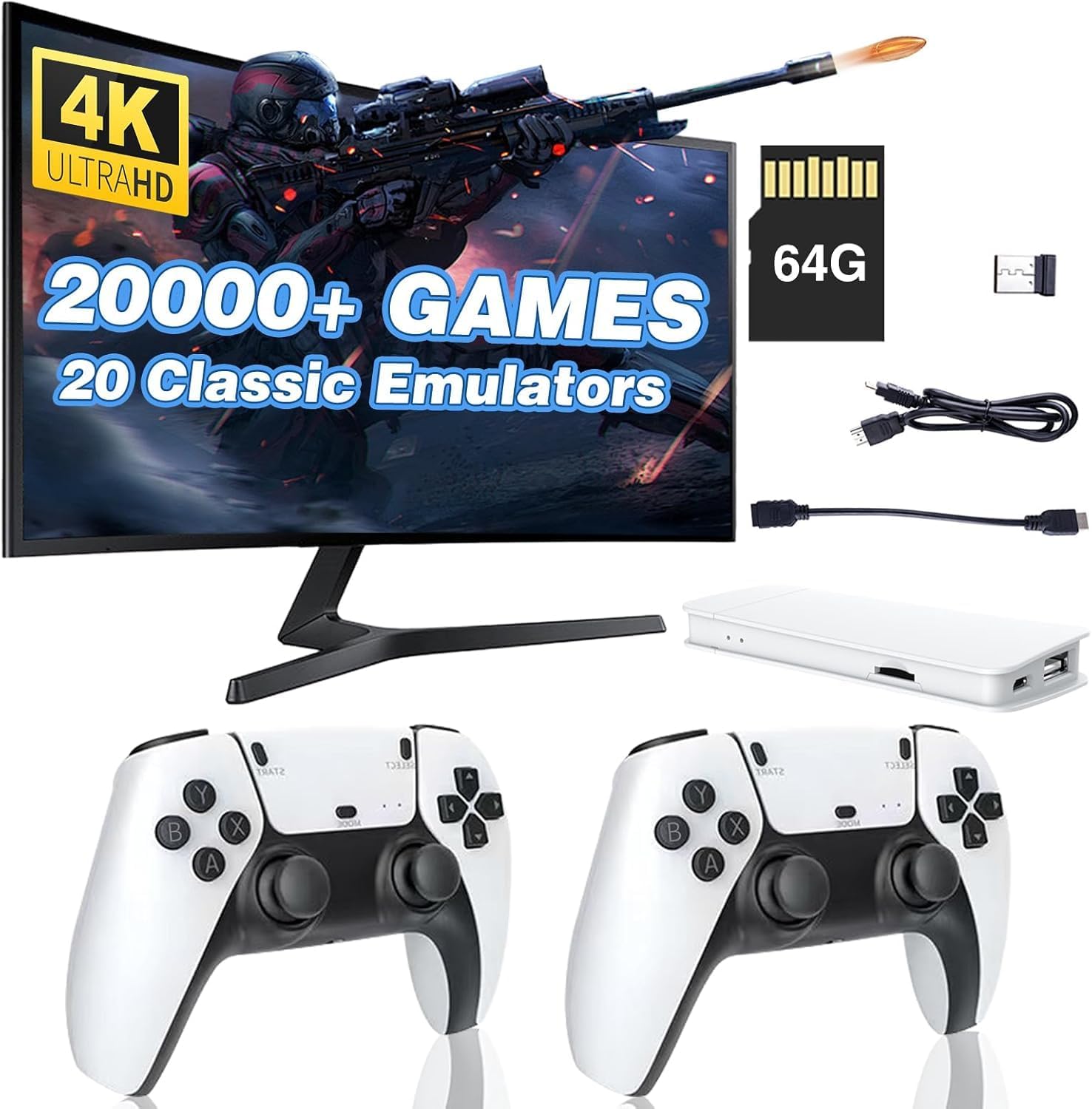 Retro Game Stick, Wireless Retro Console with 4K HDMI Output, 20000+ Game 64GB Card, 23 Emulator Compatible, 2 Wireless Controllers, Game Console Retro Games for Children Adults