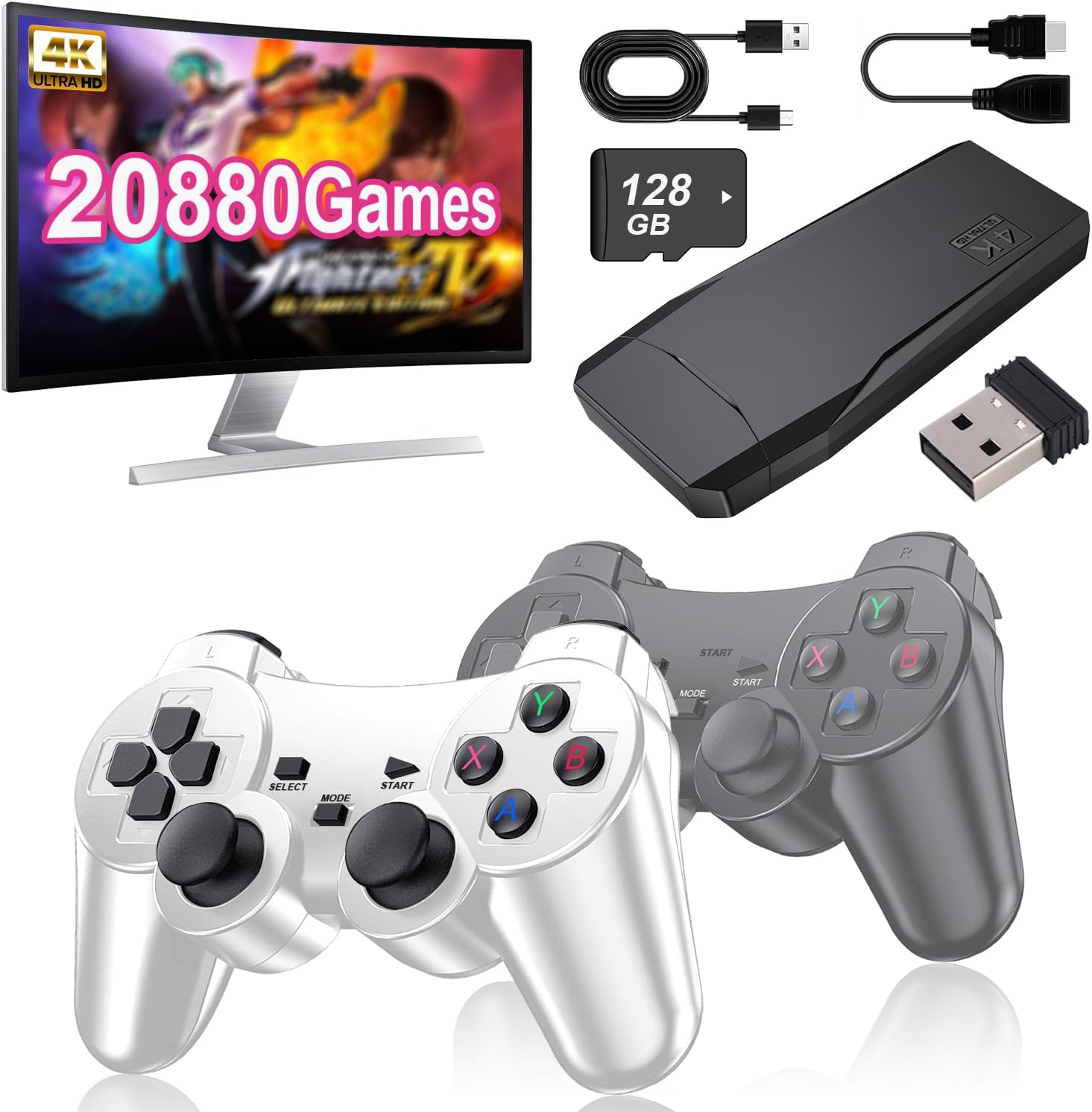 Wireless Retro Game Console, 64GB Memory 4K HDMI Output Built-in 20000+ Games with 15 Classic Emulators, TV Game, Plug and Retro Play Video Games for Tv (A-128G)