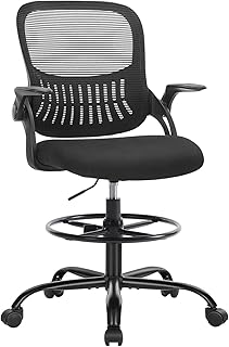 Drafting Chair for Standing Desk, Counter Height Adjustable, Flip-up Arms, Ergonomic Mid Back Mesh Rolling Work Swivel Office Computer Chairs with Wheels, Black