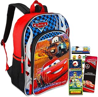 Disney Cars Backpack School Set for Boys Kids ~ Bundle with Deluxe 16 Inch Cars Lightning McQueen School Bag, 350+ Stickers, and More (Disney Cars School Supplies)