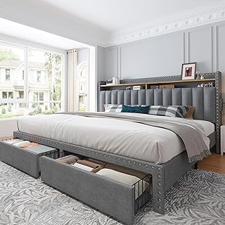 King Size Bed Frame with Storage and Headboard, Upholstered King Bed Frame with Storage, Grey King Bed Frame with 2 Drawers, King Size Bed Frame with Storage, NO Noise,No Box Spring Needed