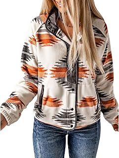 Bnigung Women\'s Fleece Jacket Vintage Aztec Print Snap Button Down Casual Long Sleeve Shacket Coats Shirt with Pockets