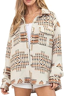 Joiemont Women Aztec Print Shirt Jacket Shacket Long Sleeve Loose Vintage Boho Wool Blend Coat Button Down Shirt Tops