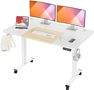 55x28 Inches Electric Height Adjustable Standing Desk, Sit Stand Desk with Memory Controller, Ergonomic Stand Up Desk for Home Office with Splice Board, White+Oak