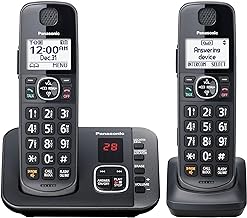 Cordless Phone with Answering Machine, Automated Call Block, Easy to Use - 2 Handsets - KX-TGE632M (Metallic Black)