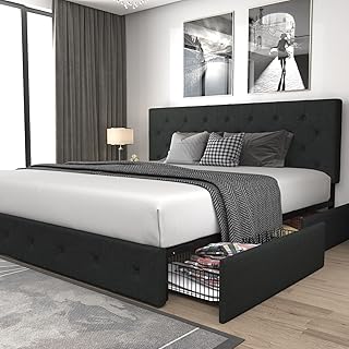 Upholstered King Size Platform Bed Frame with 4 Storage Drawers and Headboard, Diamond Stitched Button Tufted, Mattress Foundation with Wooden Slats Support, No Box Spring Needed, Dark Grey