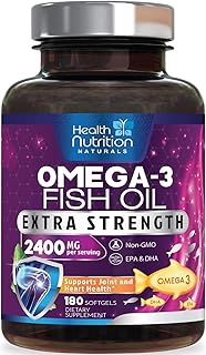 Fish Oil 2400 mg with Omega-3, EPA & DHA - Triple Strength Omega Supplement - Natural Support for Immune, Heart & Brain Health - Nature\'s Lemon Flavor, Burpless, Wild Caught, Non-GMO - 180 Softgels