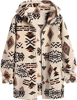 SELINK Womens Aztec Print Fleece Hoodie Jacket Button Down Shacket Casual Sherpa Coats Warm Outwear with Pockets
