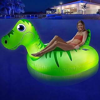 Inflatable Pool Float Adult with Lights, Solar Dinosaur Pool Float, 85 inch Pool Floaties for Adults with Cup Holder and Handles, Auto Light Up Pool Floats Ride-On for Lake Swim Party Water Fun