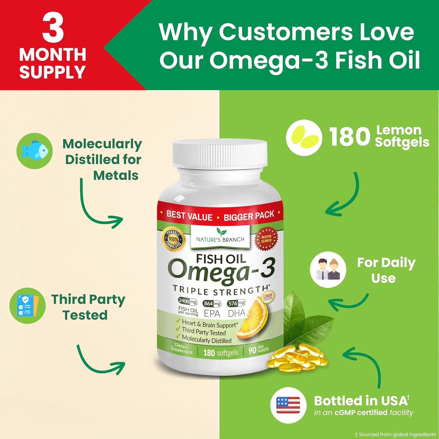 Best Triple Strength Omega 3 Fish Oil Pills - 180 Capsules