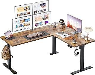 L Shaped Standing Desk Adjustable Height, Electric Corner Standing Desk, 63 x 55 inch Sit Stand Computer Table with Splice Board, Rustic Brown