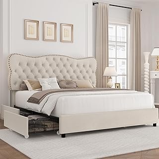 King Bed Frame with 4 Storage Drawers, Upholstered Platform Bed Frame with Button Tufted Headboard, Heavy Duty Mattress Foundation with Wooden Slats, No Box Spring Needed (Beige, King)