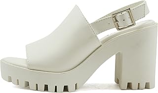 MARRY ~ Women Fashion Open Toe Single Wide Band Chunky Lug sole Block Heel Sandals with Adjustable Sling Back Strap