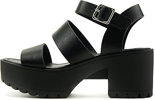 BELLA ~ Women Fashion Open Toe Two Bands Lug sole Adjustable Ankle Strap Block Heel Sandals