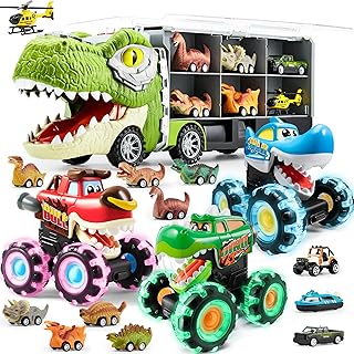 Dinosaur Truck with 12 Pull Back CarsJOYIN 13 in 1 Dinosaur Toys for Kids 3-5 3 Pack Monster Truck Toy, Motion Activated Light-Up Cars for Toddlers