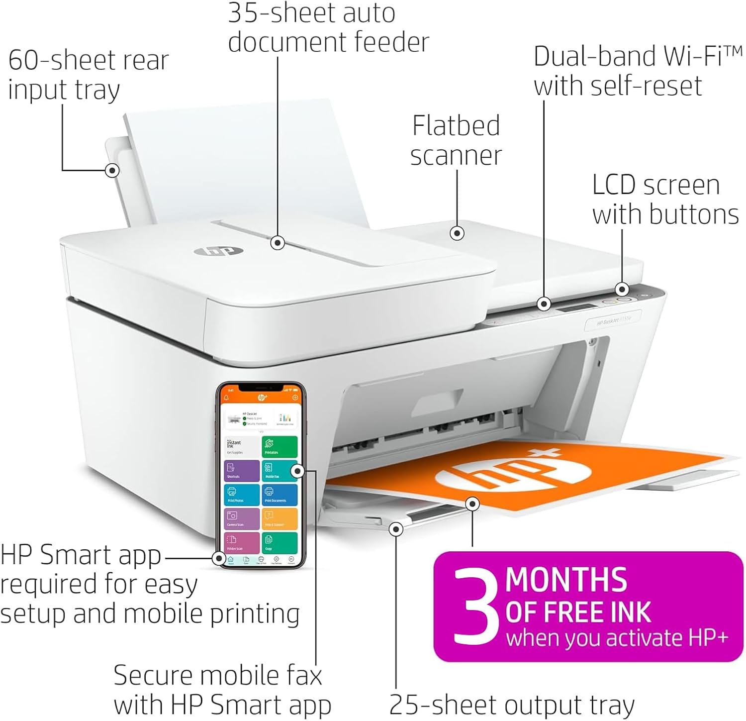 HP DeskJet 4155e Wireless Color Inkjet Printer, Print, scan ...