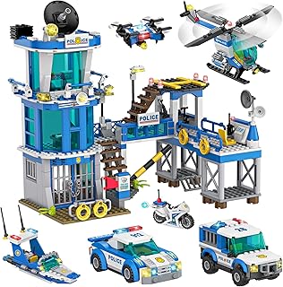 WishaLife City Police Station Toy Building Set with Prison, Police Car Toy, Helicopter Toy, Boat Toy, Fun Police Toys Gift for Kids, Boys and Girls Ages 6 Plus