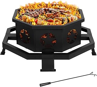 Hykolity 35 Inch 2 in 1 Fire Pit with Grill, Large Wood Burning Fire Pit with Cooking Grate, Octagonal Outdoor Firepit with Fire Poker for Backyard Bonfire Patio Outside Picnic BBQ