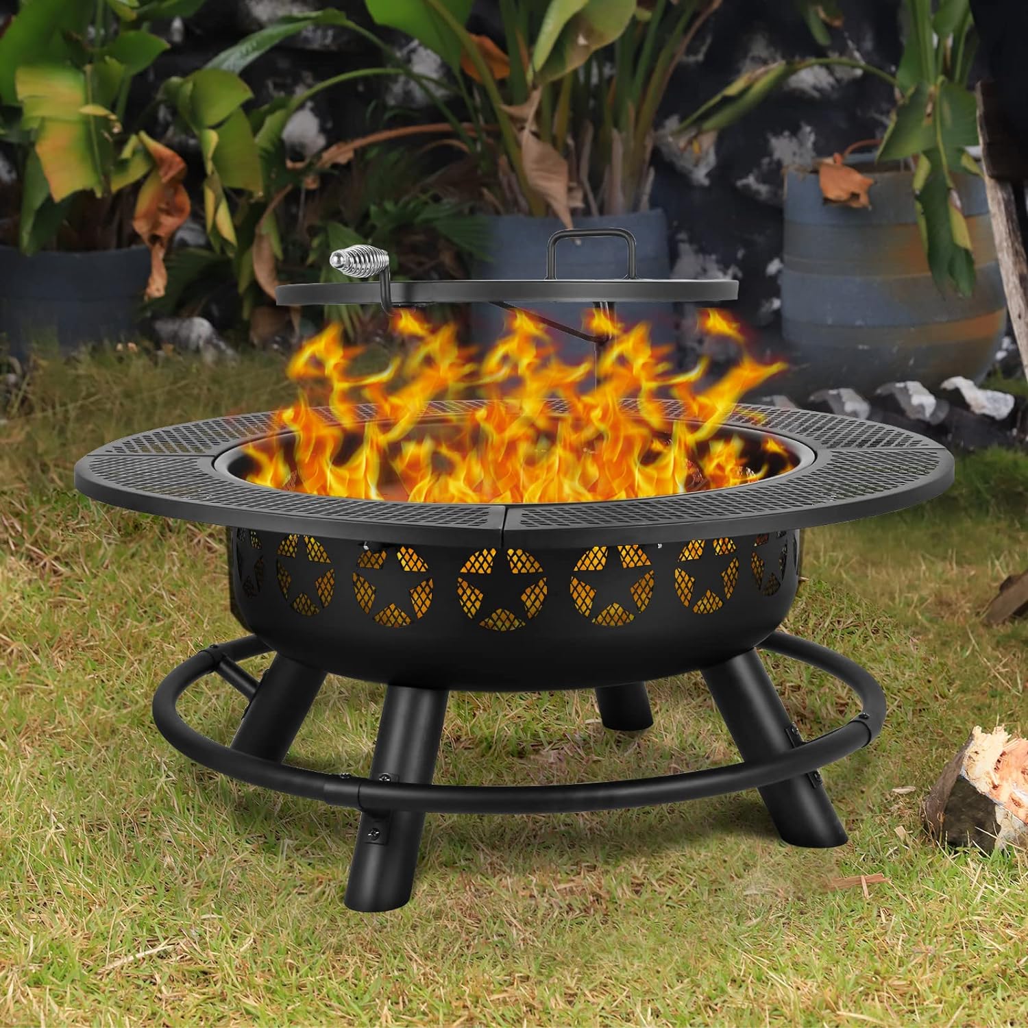 Hykolity 35 Inch Fire Pit with Cooking Grate & Charcoal Pan