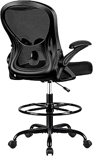 Drafting Chair, Tall Office Chair Ergonomic Standing Desk Chair, Lumbar Support Computer Chair Swivel Task Rolling Chair with Adjustable Flip-up Armrests & Foot Ring (Black)
