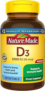 Nature Made Vitamin D3 1000 IU (25 mcg), Dietary Supplement for Bone, Teeth, Muscle and Immune Health Support, 180 Softgels, 180 Day Supply