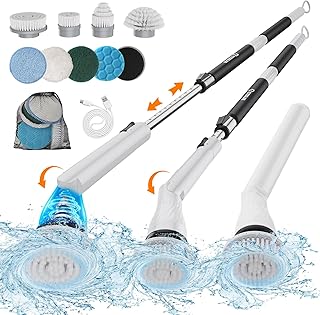 Electric Spin Scrubber, Shower Scrubber Cordless Cleaning Brush with 8 Replaceable Brush Heads and Squeegee, Adjustable Extension Handle 3 Speeds Electric Cleaning Brush for Bathroom,Tub,Tile,Kitchen