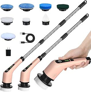Electric Spin Scrubber, Cordless Powerful Scrub Brush for Cleaning Bathroom, Kitchen, Shower Tub and Floor Tile with Adjustable Extension Long Handle and 8 Replaceable Brush Heads(Rose)