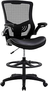 Drafting Chair Tall Mesh Drafting Stool for Standing Desk, Adjustable Bar Height Reception Office Chair with Flip-Up Arms & Foot-Ring, Ergonomic Mesh Computer Drafting Stool for Home Office Working