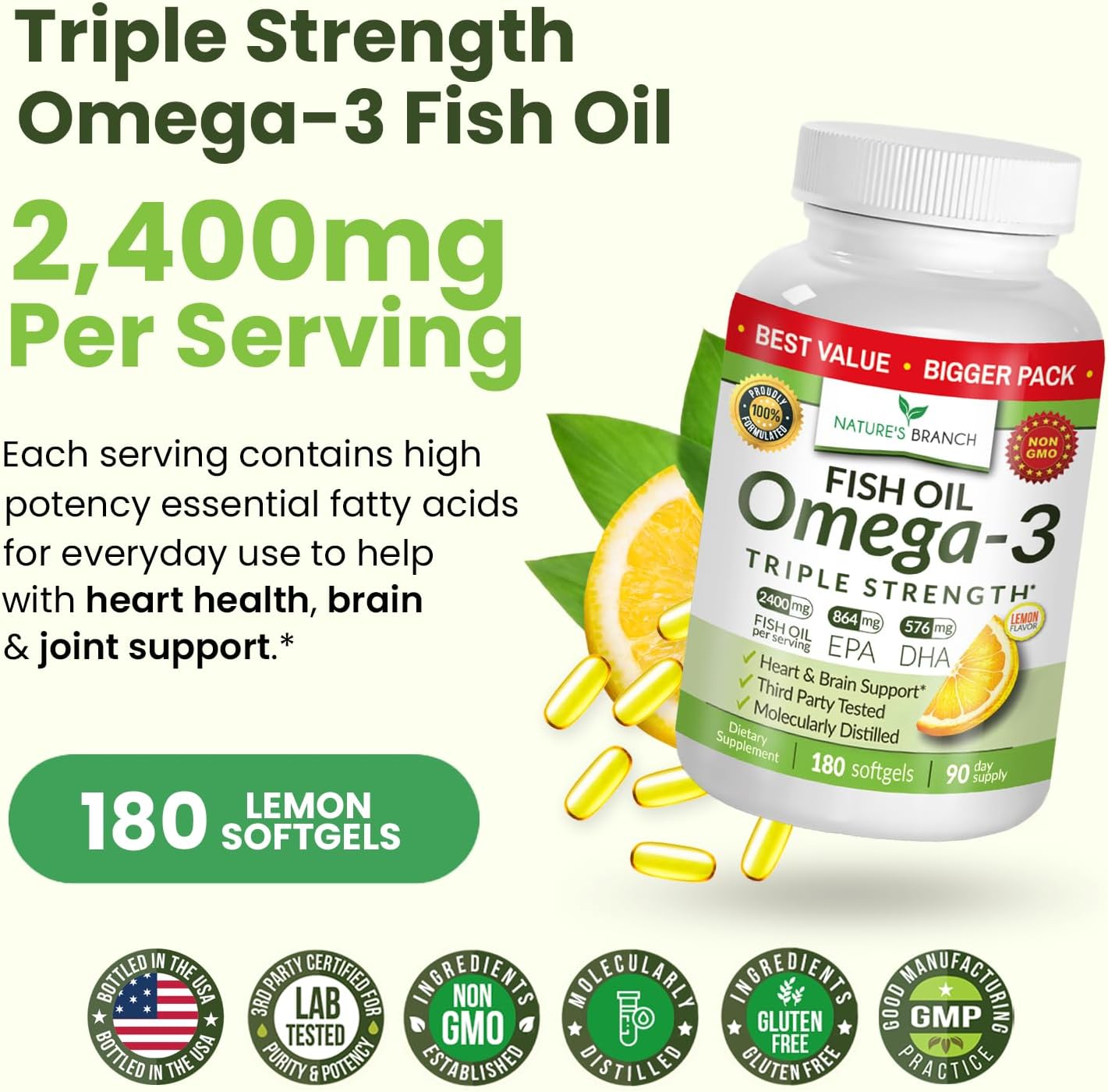 Best Triple Strength Omega 3 Fish Oil Pills - 180 Capsules