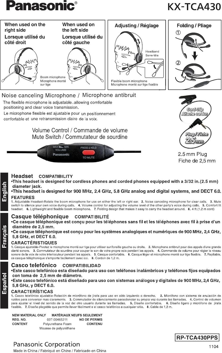 Panasonic Comfort Fit Headset for TCA Series Cordless ...