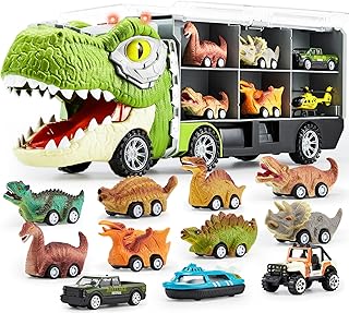 13 in 1 Dinosaur Toys for Kids 3-5, Dinosaur Truck with 12 Pull Back Cars, Dinosaur Cars Set, Birthday Gifts Toys for 3 4 5+ Year Old Boy, Transport Carrier Truck for Toddlers 3-4 Years